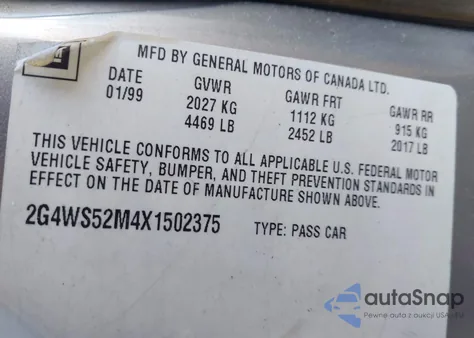 1999 Buick Century Custom z USA, uszkodzony, nr VIN 2G4WS52M4X1502375